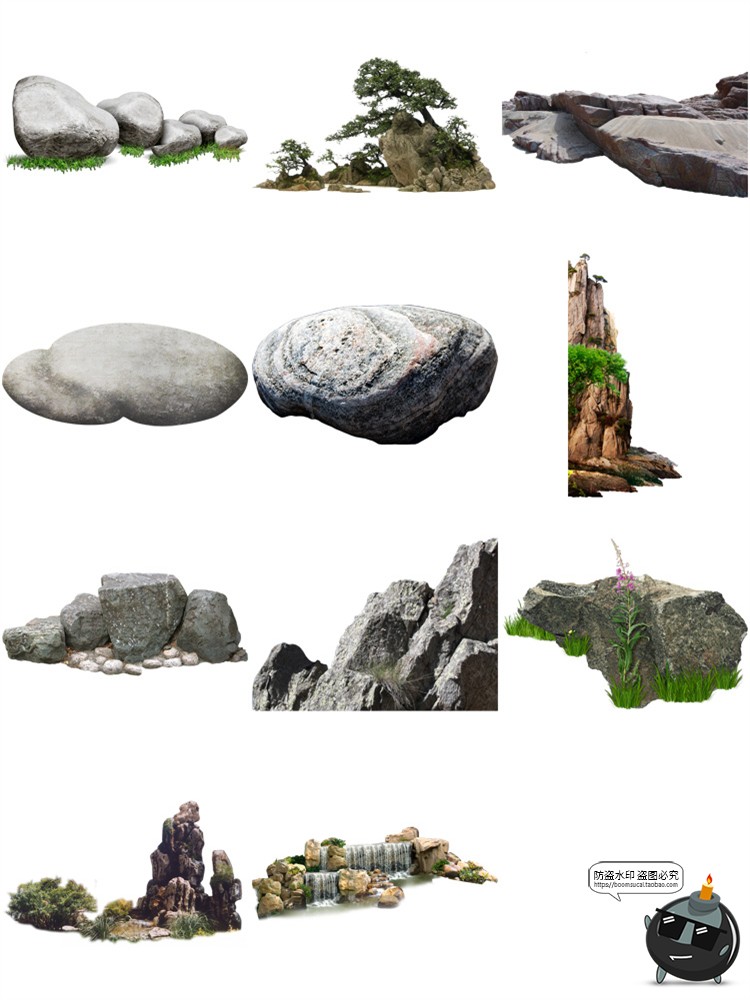 真实石头假山岩石鹅卵石石块园林景观石PNG免抠PS后期合成素材-设计猿