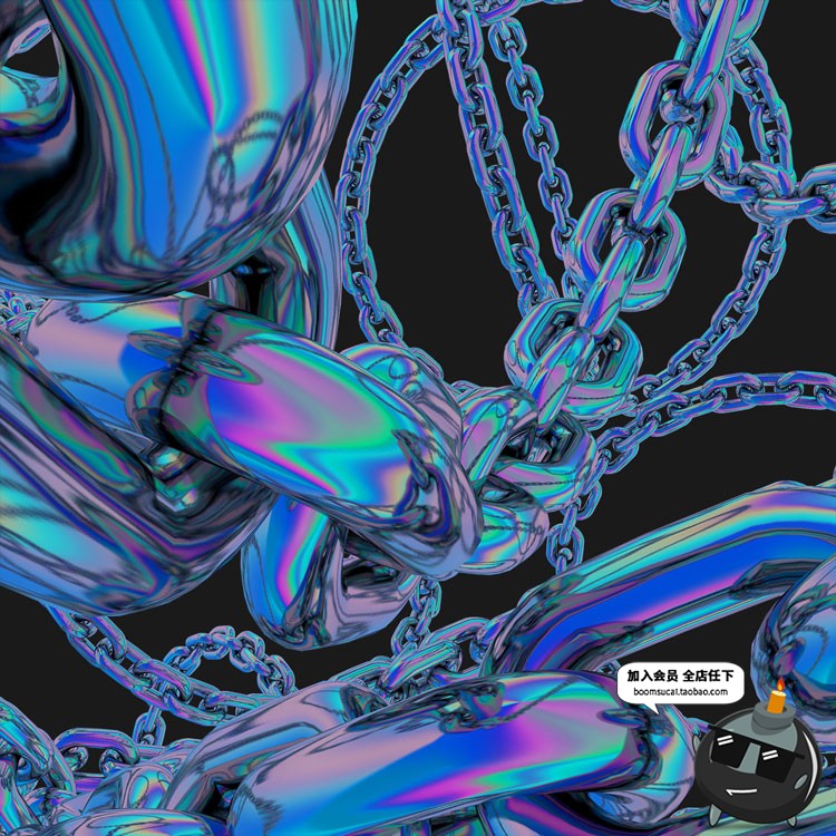 45款镀铬金属光泽质感虹彩街头叛逆风格铁链PNG免抠图片合成素材-设计猿
