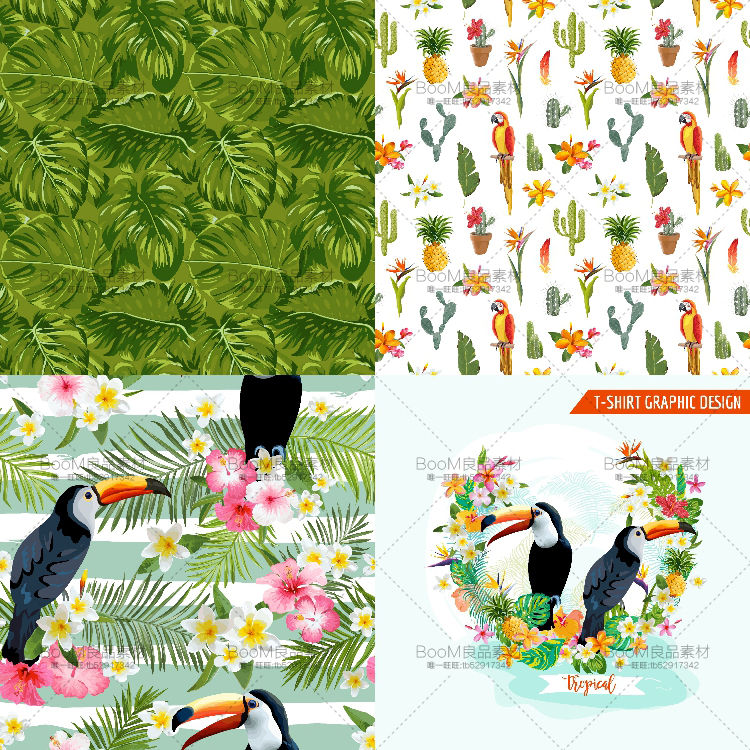 清新绿色热带雨林风花朵植物叶子火烈鸟背景图案印刷AI矢量素材-设计猿