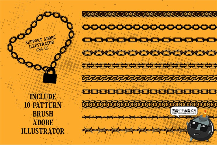 图片[1]-链状带刺铁丝图案装饰元素铁链链条AI画笔插图插画AI矢量笔刷素材-设计猿