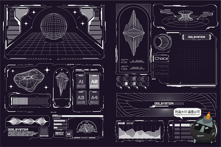 赛博朋克复古未来主义抽象数字科幻科技HUD信息框AI矢量元素素材-设计猿