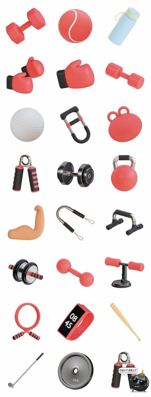健身主题拳击手套哑铃臂力棒握力器跳绳3D icons图标PNG免抠素材-设计猿