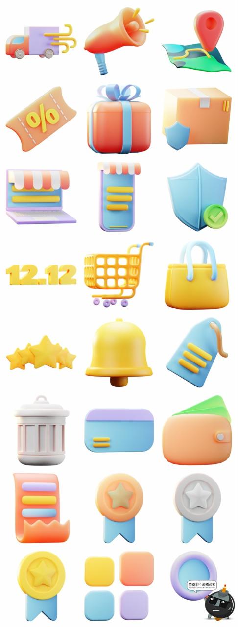 电商线上商店icons图标简约3D立体购物车放大镜喇叭PNG免抠素材-设计猿