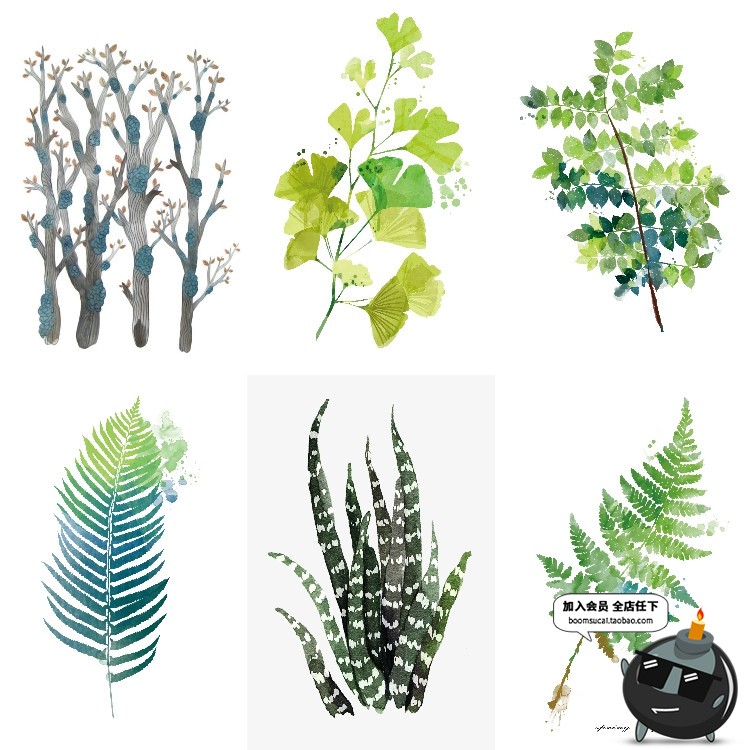 文艺小清新北欧景观植物绿色叶子图案高清JPG图片插画设计素材-设计猿