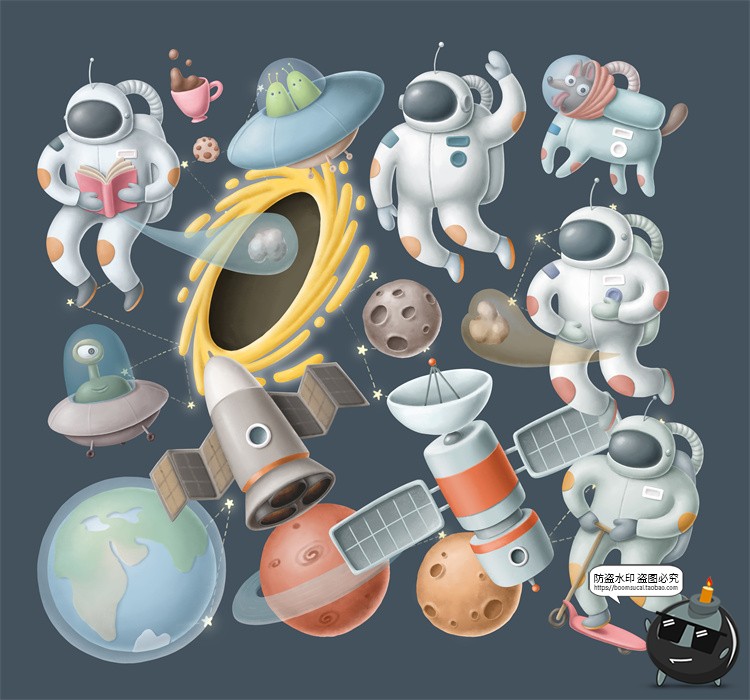 手绘水彩太空宇航员手账剪贴画插画PNG免抠PSD模板背景图案素材-设计猿