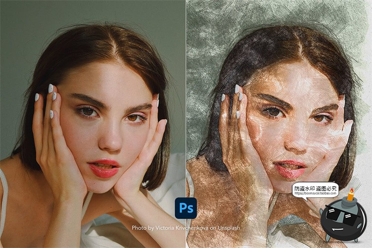 彩色石墨铅笔彩铅素描手绘照片效果图片后期特效PSD模板PS素材-设计猿