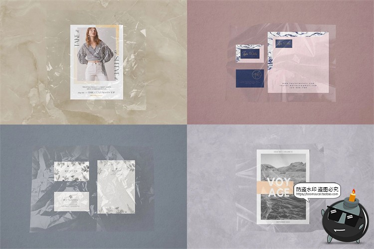 潮流透明褶皱薄膜包装纸覆盖叠加vi贴图效果展示样机PSD模板素材-设计猿