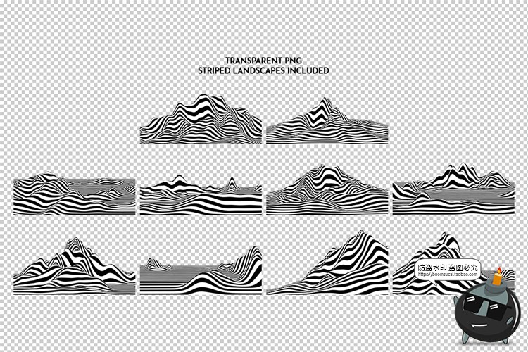 复古孟菲斯抽象山脉黑白条纹等高线背景底纹PSD模板PNG免抠PS素材-设计猿