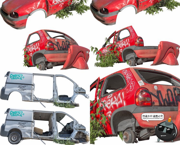 汽车残骸毁坏车辆零件报废汽车废墟参考场景后期合成PNG免抠素材-设计猿