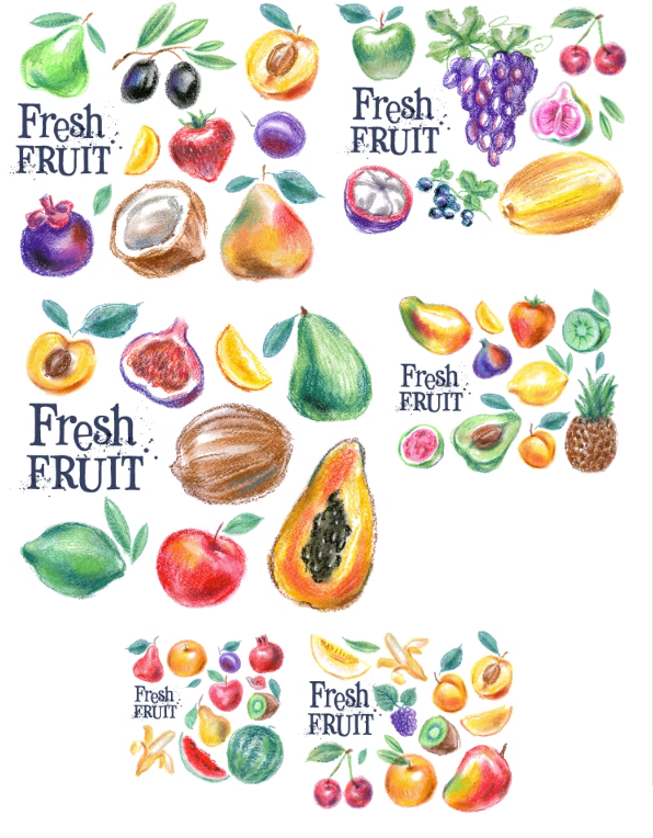 彩色铅笔水果彩绘手绘木瓜西瓜山竹芒果菠萝葡萄AI矢量设计素材-设计猿