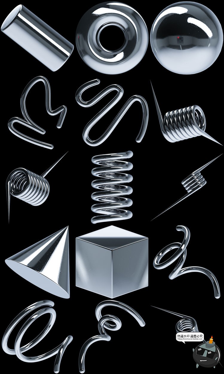 酸性机能抽象镀铬风金属模型球形方形物体装饰元素PNG免抠素材-设计猿