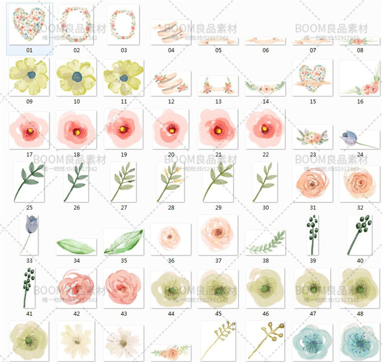 唯美手绘水彩花卉手账叶子鹿角图案婚礼请柬贺PNG免扣PS设计素材-设计猿