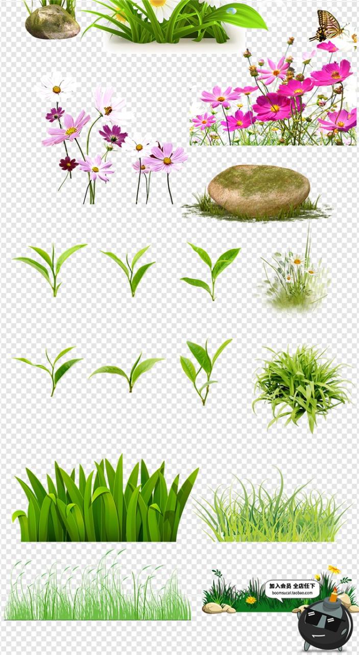 绿色草地小草杂草小花卡通手绘免扣PSD模板图免抠装饰背景PS素材-设计猿