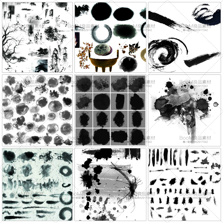 图片[1]-中国风国画墨迹晕染笔刷PSD素材水墨笔触古典风格古风毛笔PS素材-设计猿