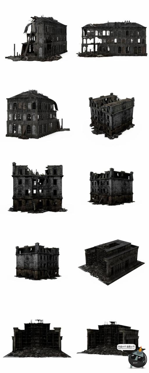 废墟破旧房子建筑残破楼房战争战场后期合成场景PNG免抠PSD素材-设计猿