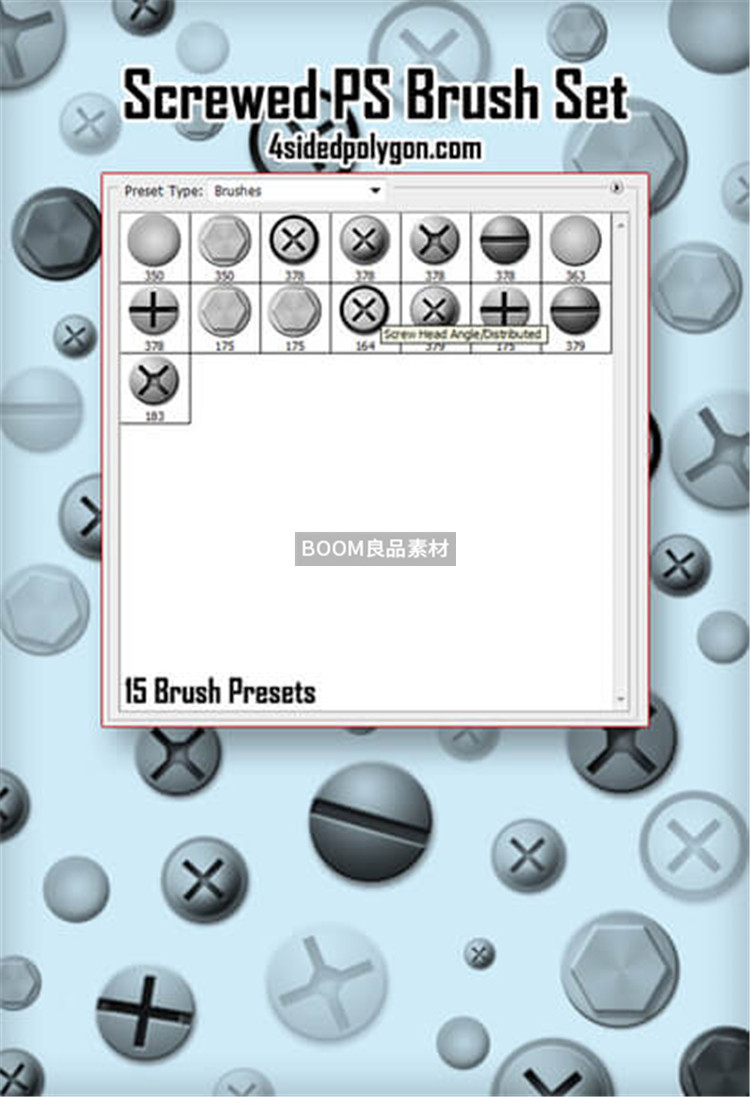 图片[1]-螺丝钉钉子铆钉一字十字纹钉帽顶部图案PS笔刷素材笔触画笔套装-设计猿