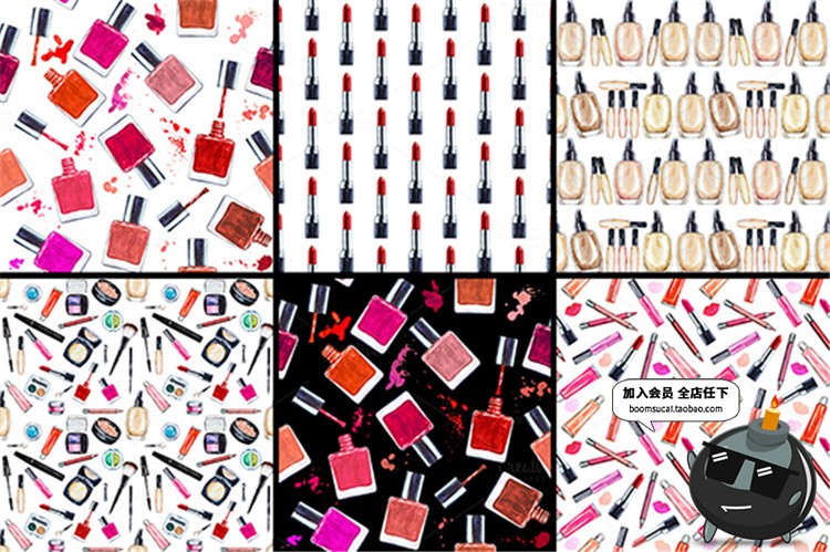 时尚手绘水彩化妆彩妆刷子口红眼影香水背景PNG免扣设计PSD素材-设计猿