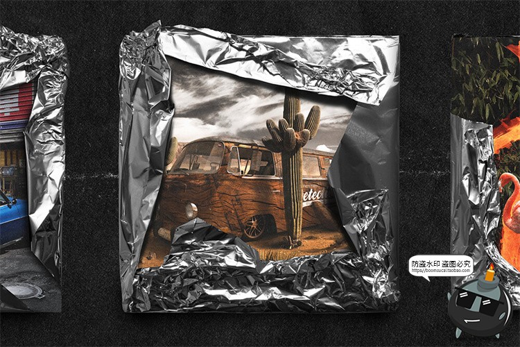 图片[1]-潮流重金属铝箔锡纸锡箔CD光盘封面包边褶皱包装样机PSD模板素材-设计猿