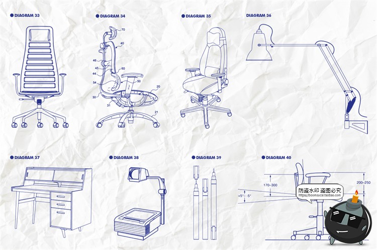 复古设备图解电话传真机打字机投影仪拆解说明线稿AI矢量插画素材-设计猿