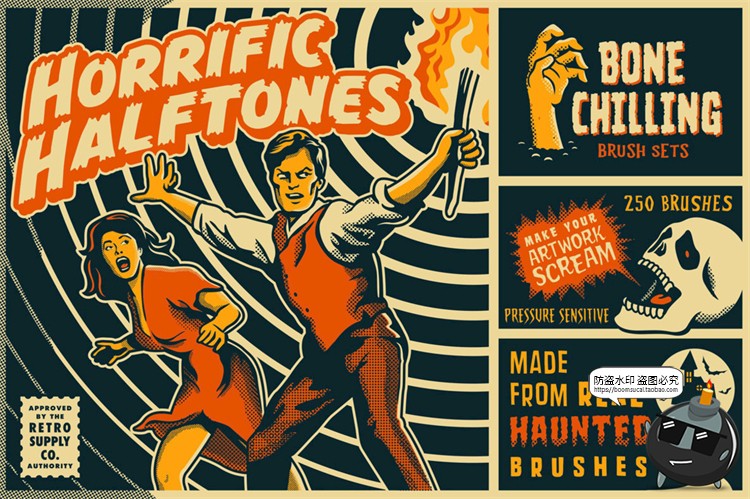 图片[1]-复古半色调波浪线条点阵波点绘画插画漫画笔刷PS笔刷ABR格式素材-设计猿