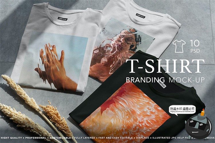 图片[1]-折叠短袖T恤上衣衣服印花图案智能贴图效果图展示样机PSD模板素材-设计猿