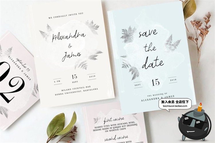 水彩画淡雅风格婚礼请柬请帖邀请函英文卡片PSD设计物料模板素材-设计猿