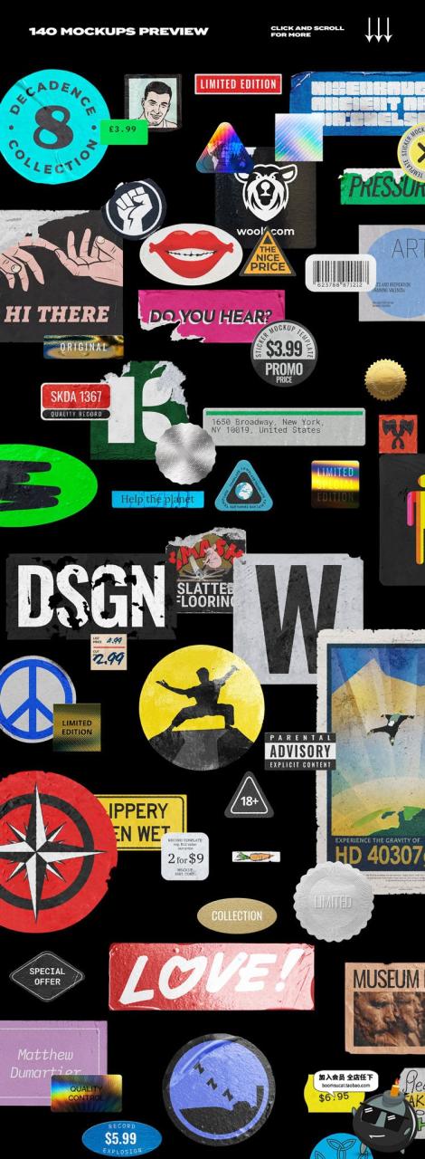 图片[10]-140款欧美潮流做旧复古褶皱撕裂不干胶贴纸标签PSD贴图样机PS素材-设计猿