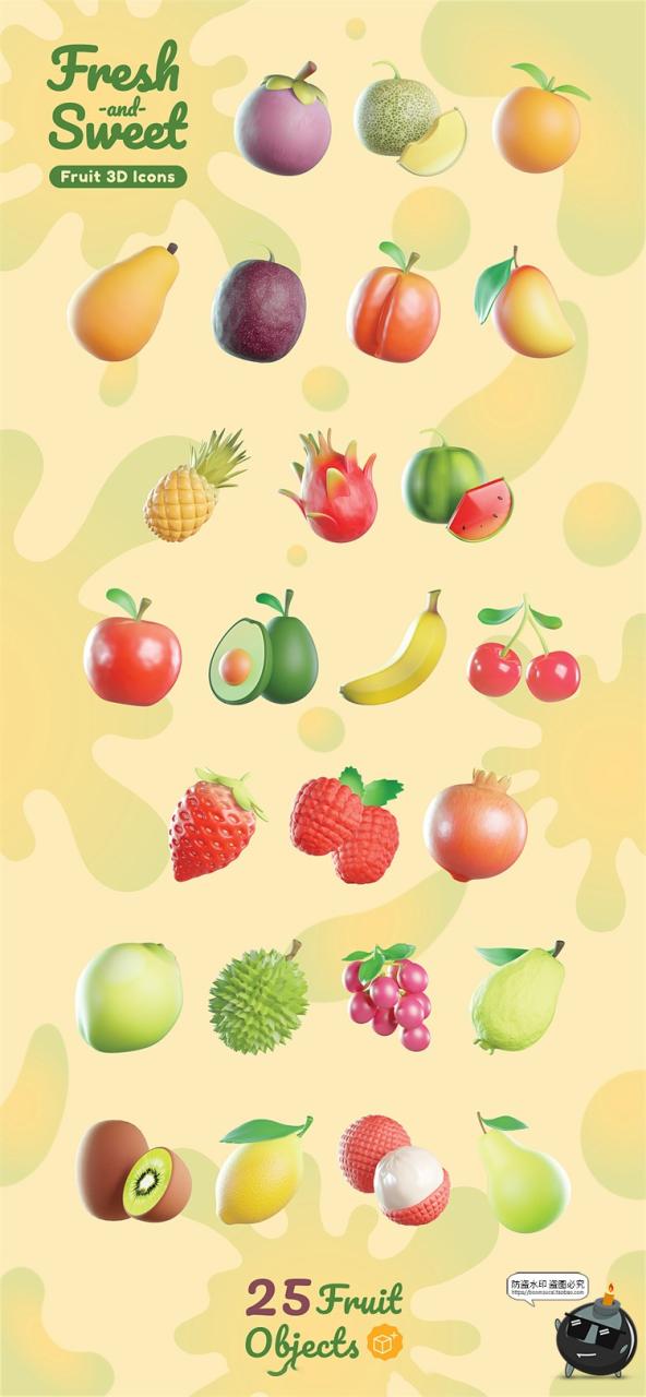 3D水果图标牛油果苹果猕猴桃西瓜草莓香蕉PNG免抠APPUI标icon素材-设计猿