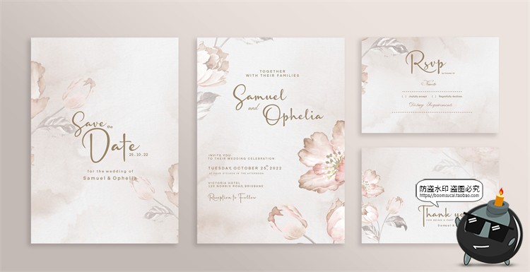 唯美清新植物花卉婚礼邀请函卡片祝福卡生日请柬背景PSD模板素材-设计猿