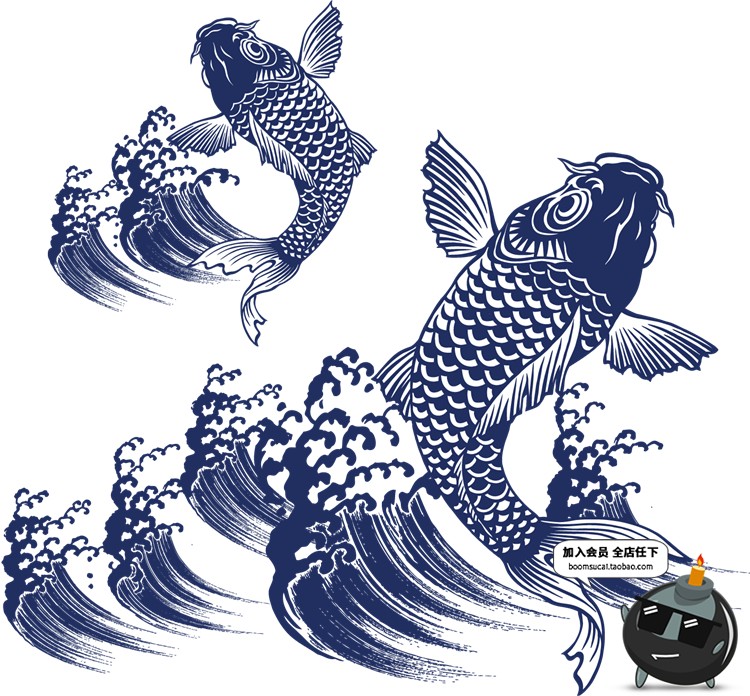 日式传统水彩绘画鲤鱼锦鲤鱼跳水跃龙门效果图案AI矢量设计素材-设计猿