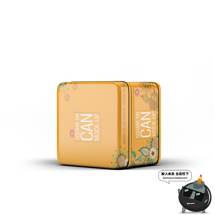 图片[1]-圆角正方形四边形铁盒礼盒茶叶包装盒样机PSD模板素材PS文创样机-设计猿