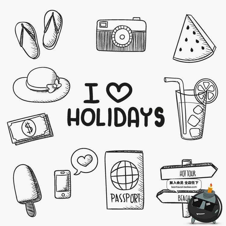 手绘黑白涂鸦简笔画装饰元素旅行夏日热气球图案PNG/AI素材矢量图-设计猿