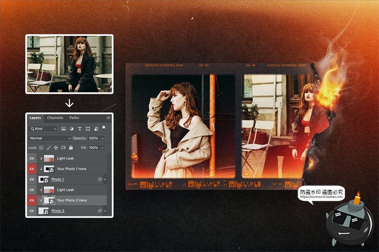 图片[3]-复古做旧漏光烧焦燃烧摄影胶卷胶片灰烬纹理边缘样机PSD模板素材-设计猿