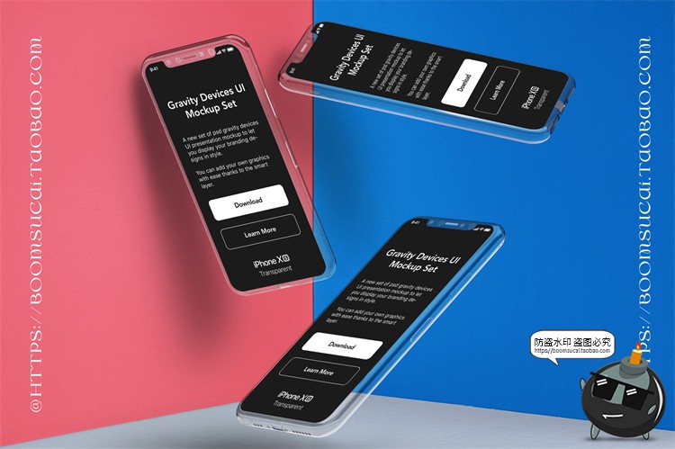 图片[1]-透明屏智能手机悬浮UI效果展示潮流物品样机PSD源文件模板PS素材-设计猿