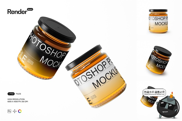 图片[1]-透明玻璃蜂蜜果酱铁盖罐头瓶子包装样机PSD模板贴图效果展示素材-设计猿