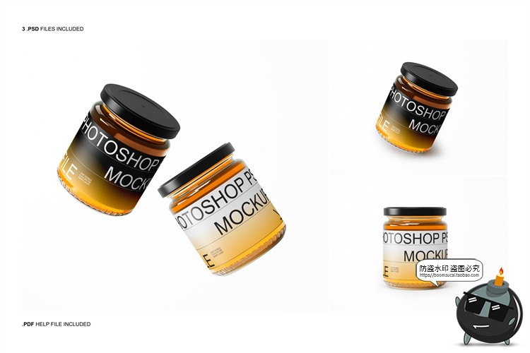 图片[2]-透明玻璃蜂蜜果酱铁盖罐头瓶子包装样机PSD模板贴图效果展示素材-设计猿
