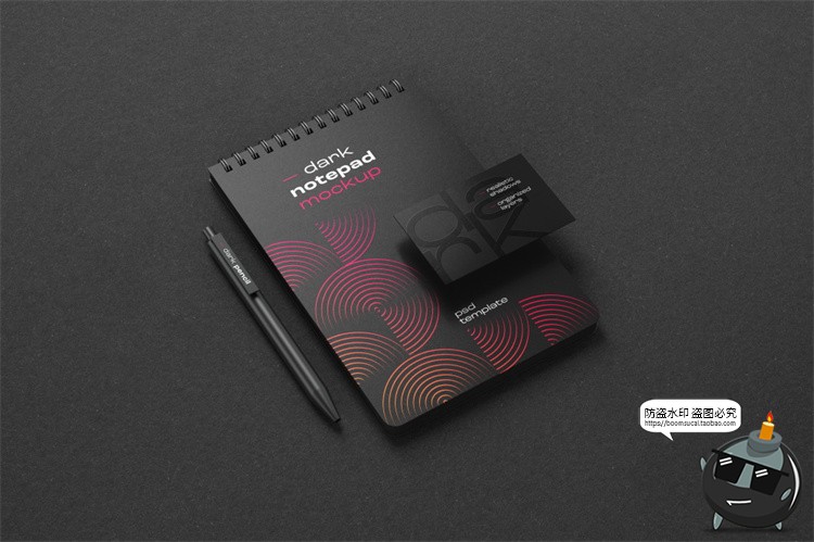 图片[1]-黑色沉稳商务提案样机办公文具名片本子板夹信封纸张PSD模板素材-设计猿