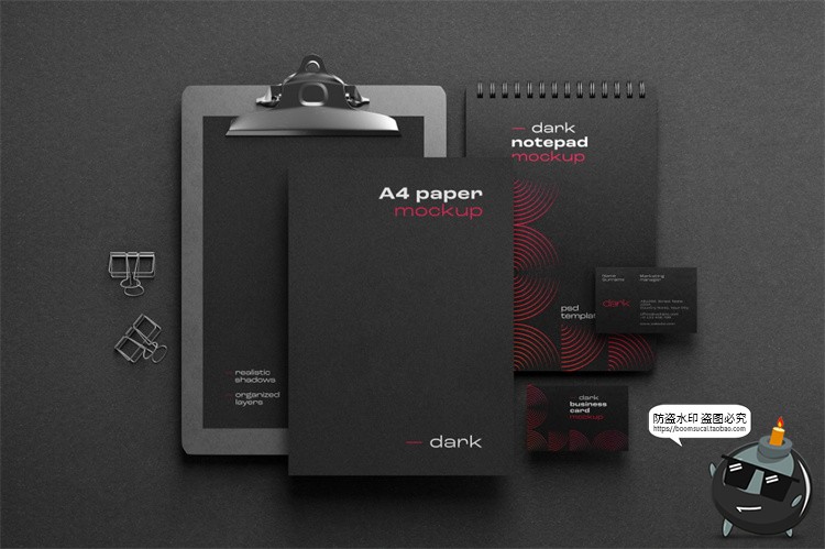图片[13]-黑色沉稳商务提案样机办公文具名片本子板夹信封纸张PSD模板素材-设计猿
