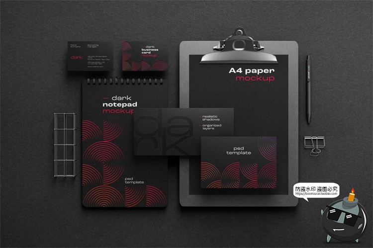 图片[14]-黑色沉稳商务提案样机办公文具名片本子板夹信封纸张PSD模板素材-设计猿