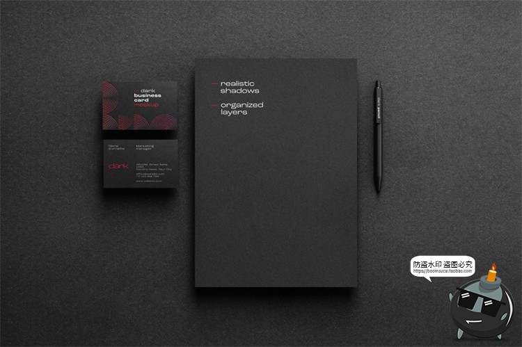 图片[17]-黑色沉稳商务提案样机办公文具名片本子板夹信封纸张PSD模板素材-设计猿