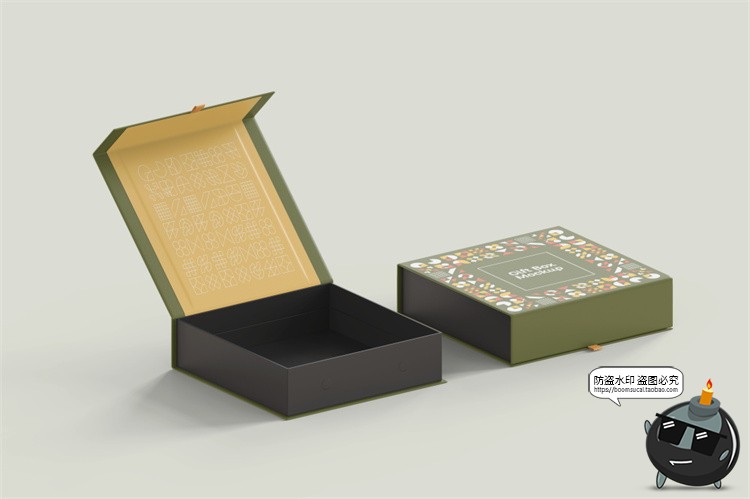 图片[1]-正方形磁吸翻盖文创礼盒硬纸盒包装盒效果展示样机PSD模板PS素材-设计猿