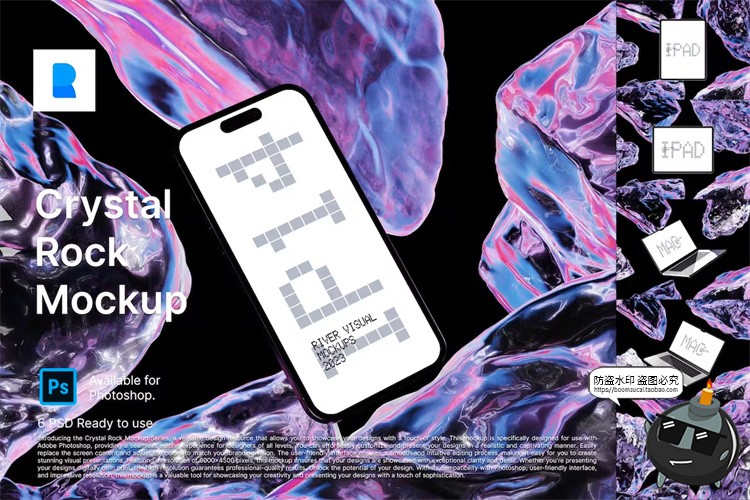 图片[1]-设备屏幕演示水晶宝石3D立体背景iPhone苹果电脑PSD样机模板素材-设计猿