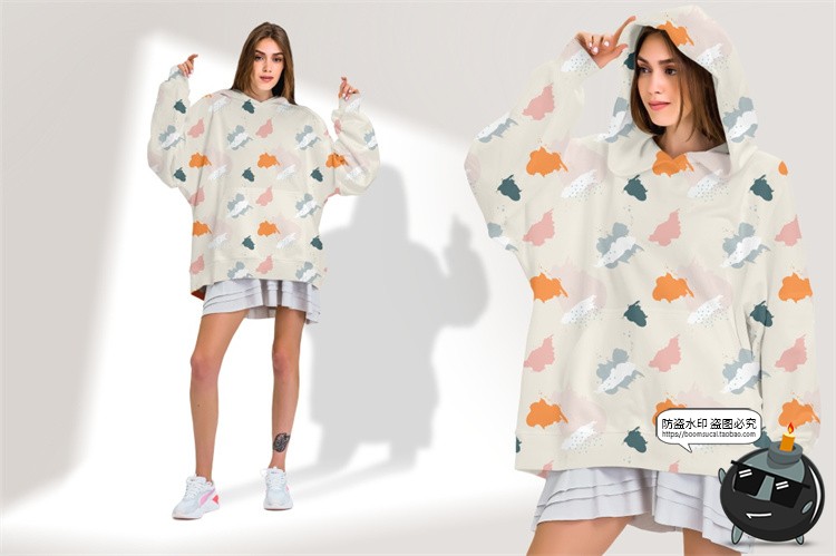 潮牌宽松oversize女装长袖连帽模特卫衣图案贴图PSD模板样机素材-设计猿