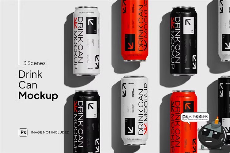 图片[1]-潮流苏打水碳酸饮料金属长条易拉罐包装贴图样机PSD模板PS素材-设计猿