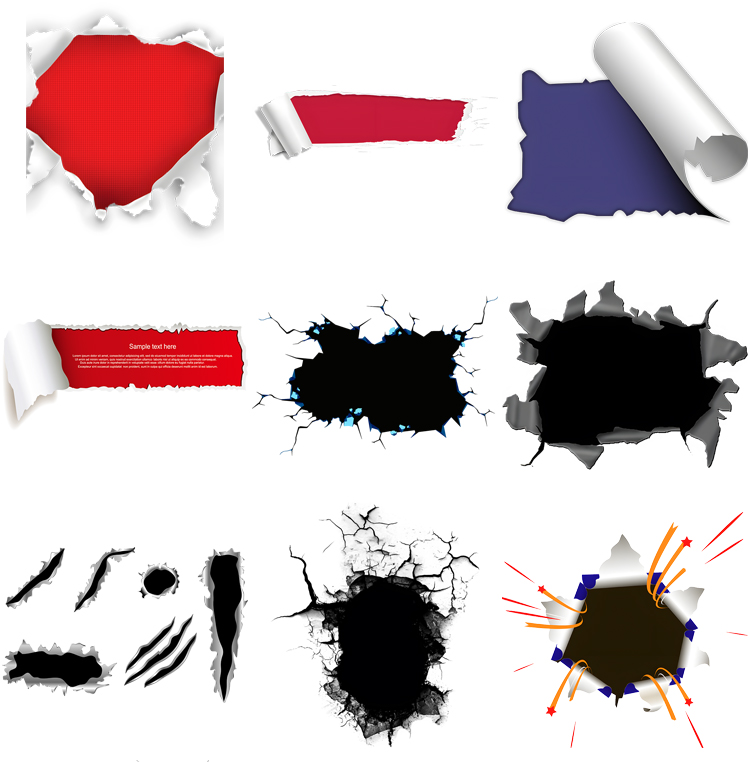 爆裂裂痕破裂特效效果纸张撕纸墙壁破洞PNG免抠图片PS后期素材-设计猿