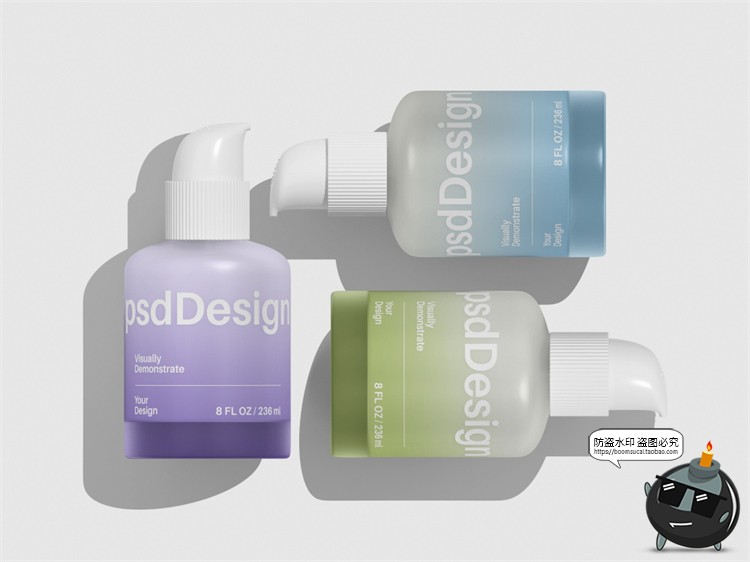 潮流半透明按压泵瓶化妆品美妆粗款瓶子磨砂玻璃包装PSD样机素材-设计猿