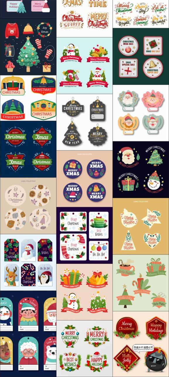 圣诞贴纸图案卡通手绘标签卡片节日老人树麋鹿海报AI矢量模板素材-设计猿