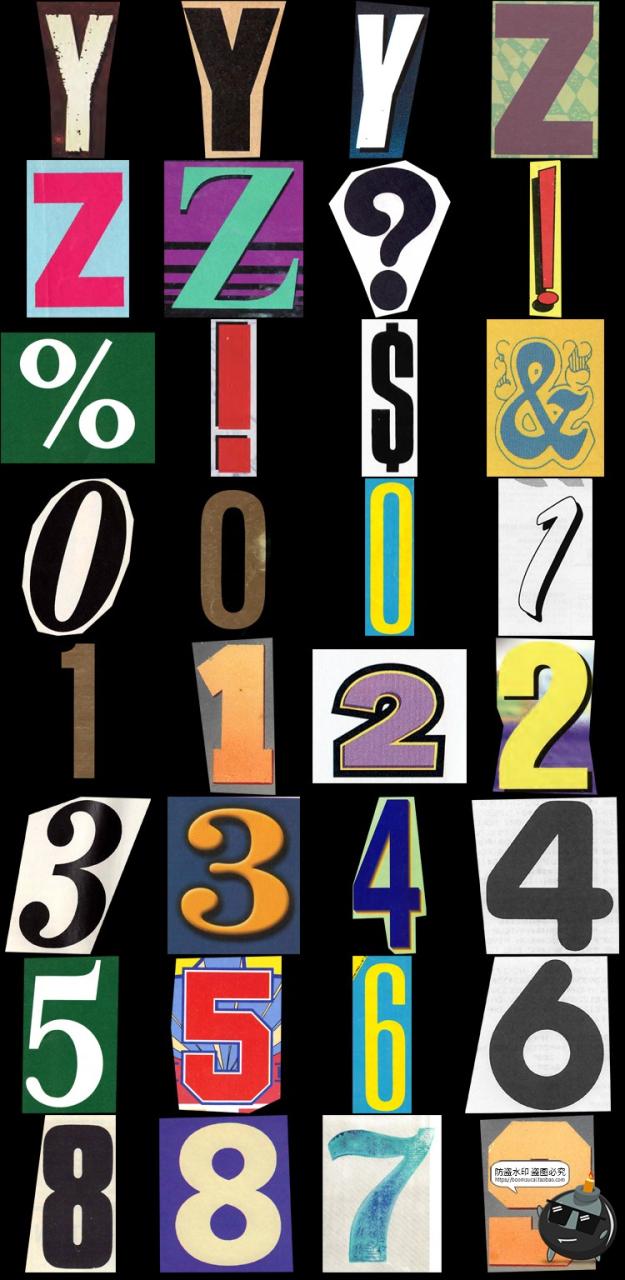 复古英文字母数字拼贴插图插画剪贴画装饰图png免抠图PSD模板素材-设计猿