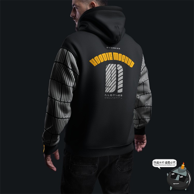 潮牌Oversize连帽卫衣上装外套服装男模特展示效果图样机PSD素材-设计猿