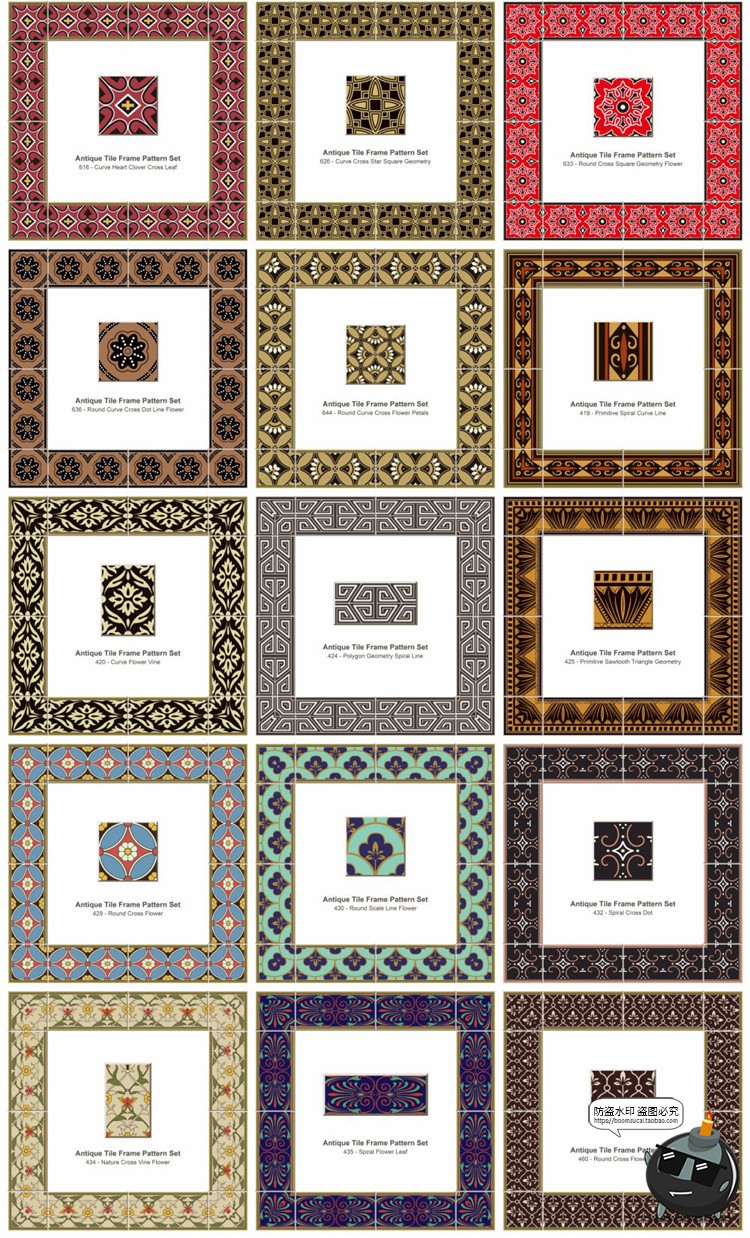 传统民族风经典瓷砖方形围边转角装饰边框图案底纹AI矢量印花素材-设计猿